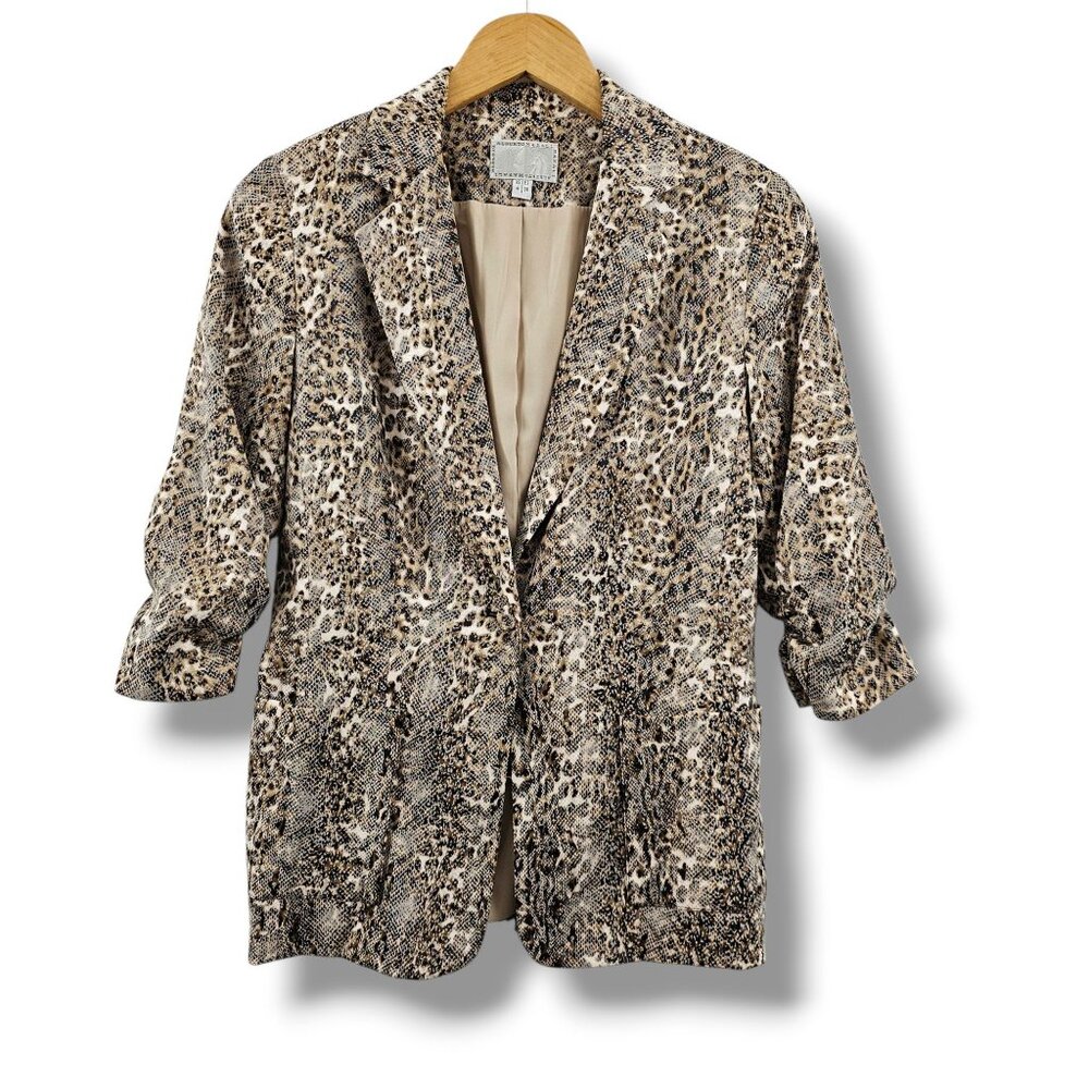 Alberto Makali Blazer Leopard Print Jacket Size 4 Button Front Ruched 3/4 Sleeve